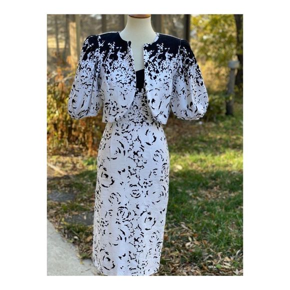 Vintage 1980s Wiggle Dress Set Bolero Black White Abstract New Wave Sz S Cotton - Picture 3 of 16